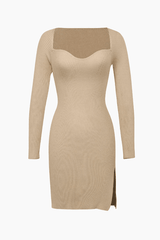Sweetheart Neckline Slit Knitted Mini Dress