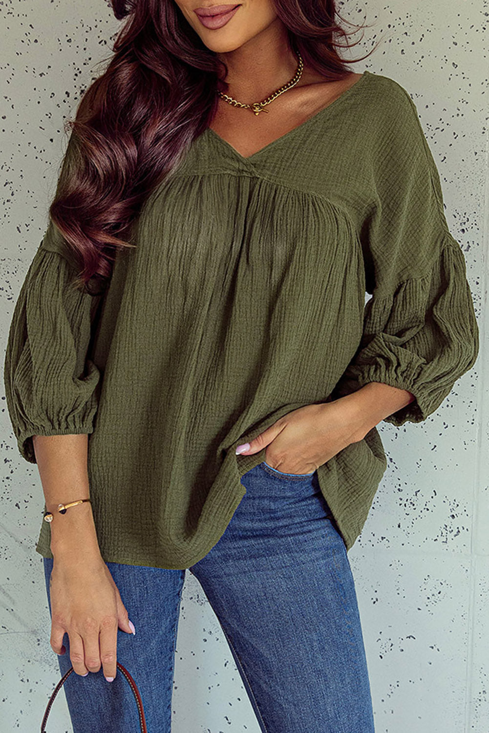 Textured V Neck Bracelet Sleeve Babydoll Blouse