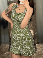 Tie Strap Polka Dot Green Mini Dress