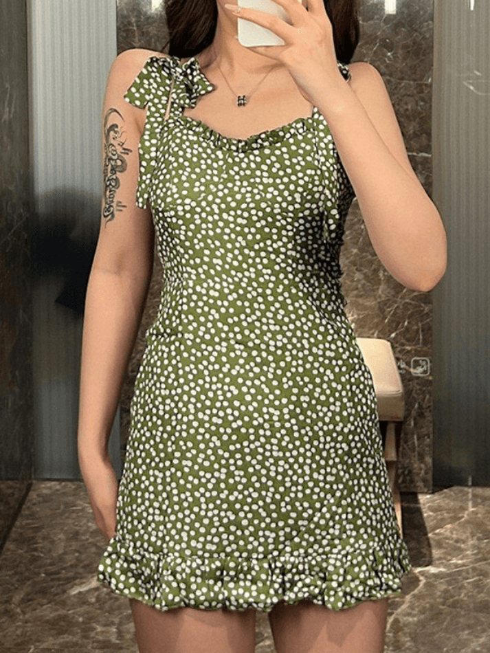 Tie Strap Polka Dot Green Mini Dress