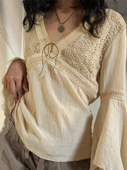 Tribal Cutout V Neck Lacing Flared Long Sleeve Blouse