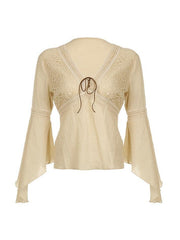 Tribal Cutout V Neck Lacing Flared Long Sleeve Blouse
