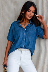 Turn-Down Collar Short Sleeve Denim Shirt