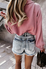 Turn-Down Collar V Neck Crinkled Cuffed Shirt