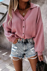 Turn-Down Collar V Neck Crinkled Cuffed Shirt