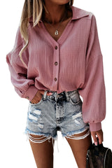 Turn-Down Collar V Neck Crinkled Cuffed Shirt