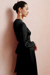 Twist Front Tie Back Long Sleeve Satin Dress