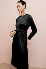 Twist Front Tie Back Long Sleeve Satin Dress