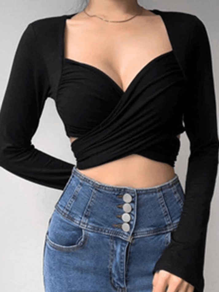 V Neck Bow Long Sleeve Tee