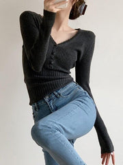 V Neck Button Up Ribbed Knit Top