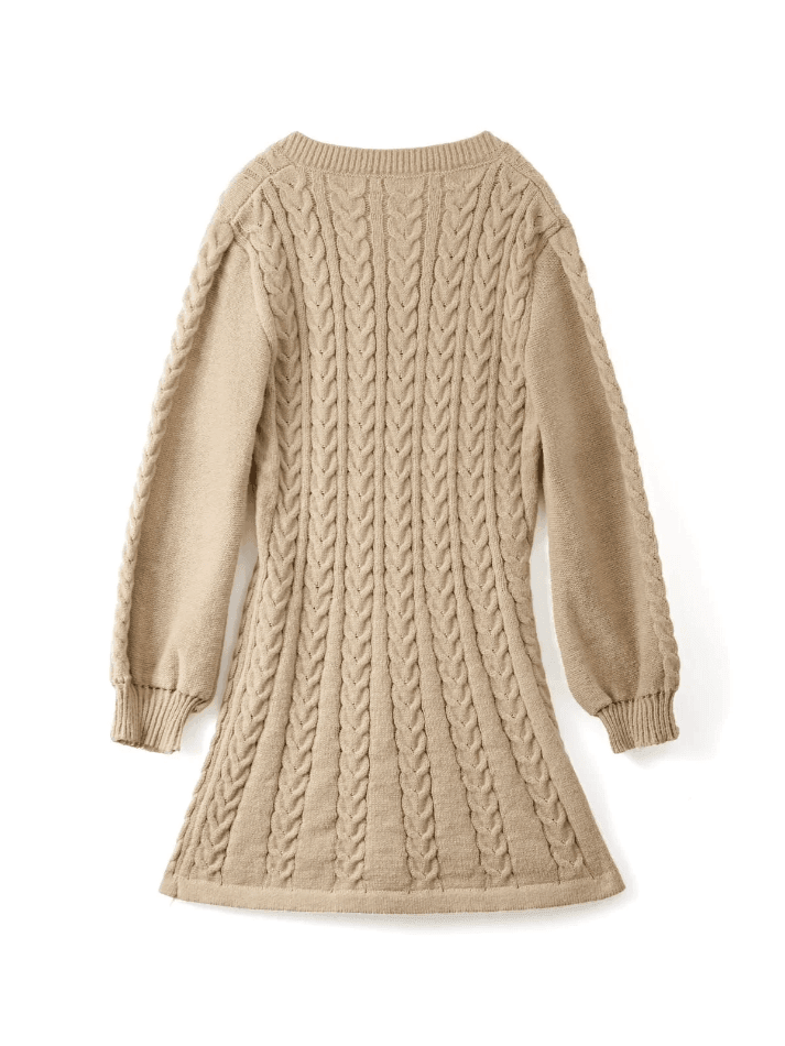 V Neck Cable Knit Long Sleeve Mini Dress