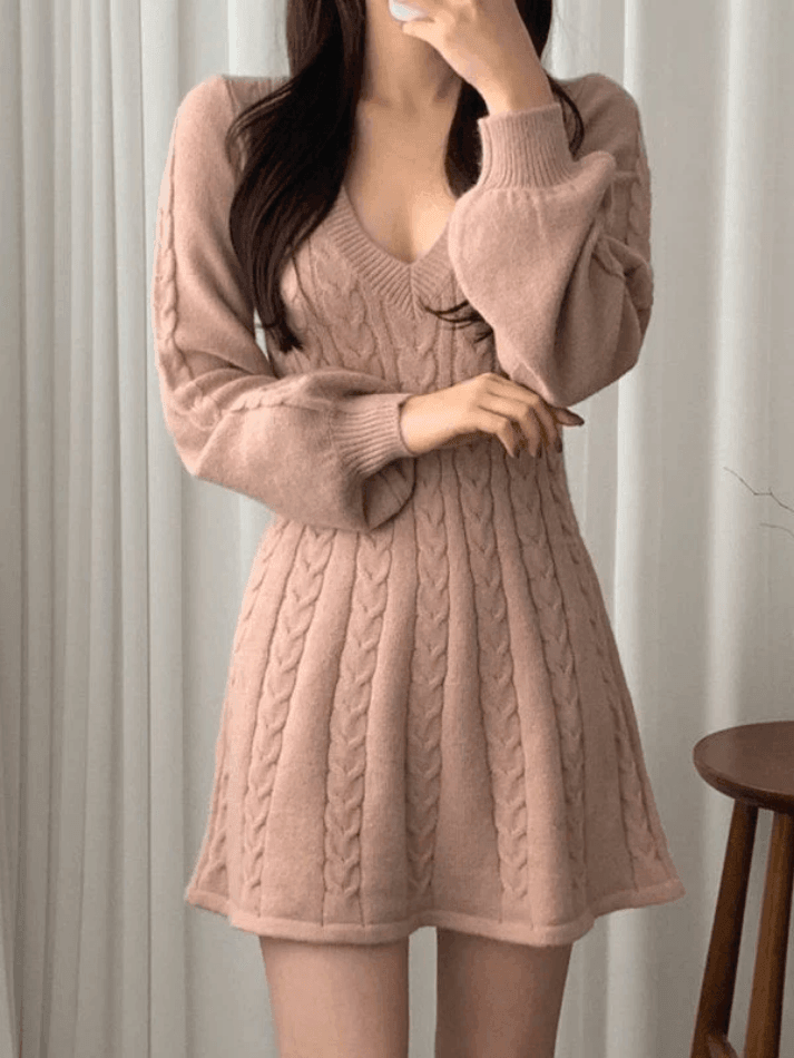 V Neck Cable Knit Long Sleeve Mini Dress