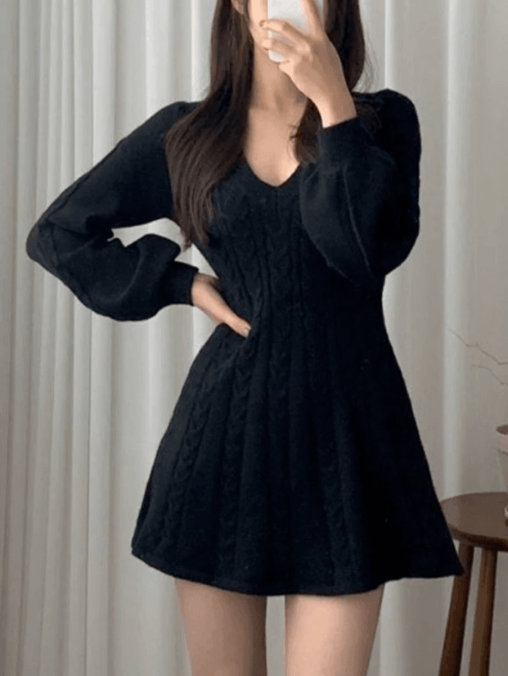 V Neck Cable Knit Long Sleeve Mini Dress