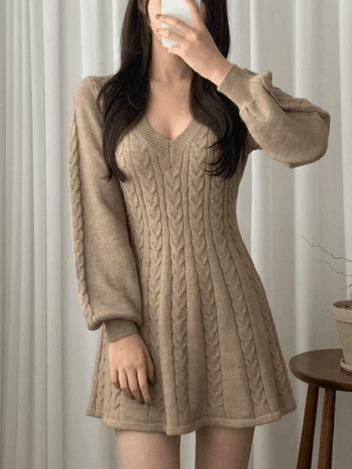 V Neck Cable Knit Long Sleeve Mini Dress