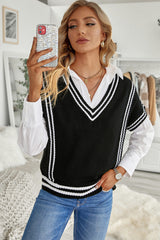 V Neck Contrast Stripes Trims Short Sleeve Sweater