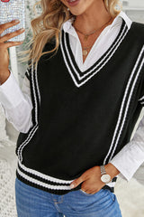 V Neck Contrast Stripes Trims Short Sleeve Sweater