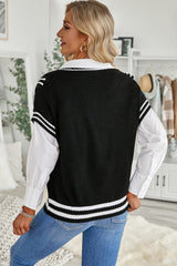 V Neck Contrast Stripes Trims Short Sleeve Sweater