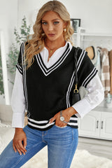 V Neck Contrast Stripes Trims Short Sleeve Sweater