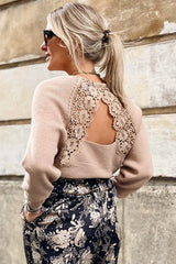 V Neck Lace Patch Hollow-Out Back Sweater