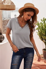 V Neck Lace Trim Short Sleeve Top