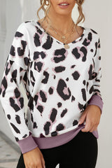 V-Neck Leopard Print Dropped Long Sleeve Sweatshirt