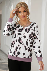 V-Neck Leopard Print Dropped Long Sleeve Sweatshirt