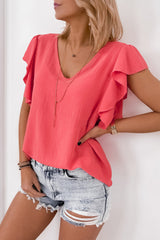 V Neck Ruffle Sleeve Loose Top