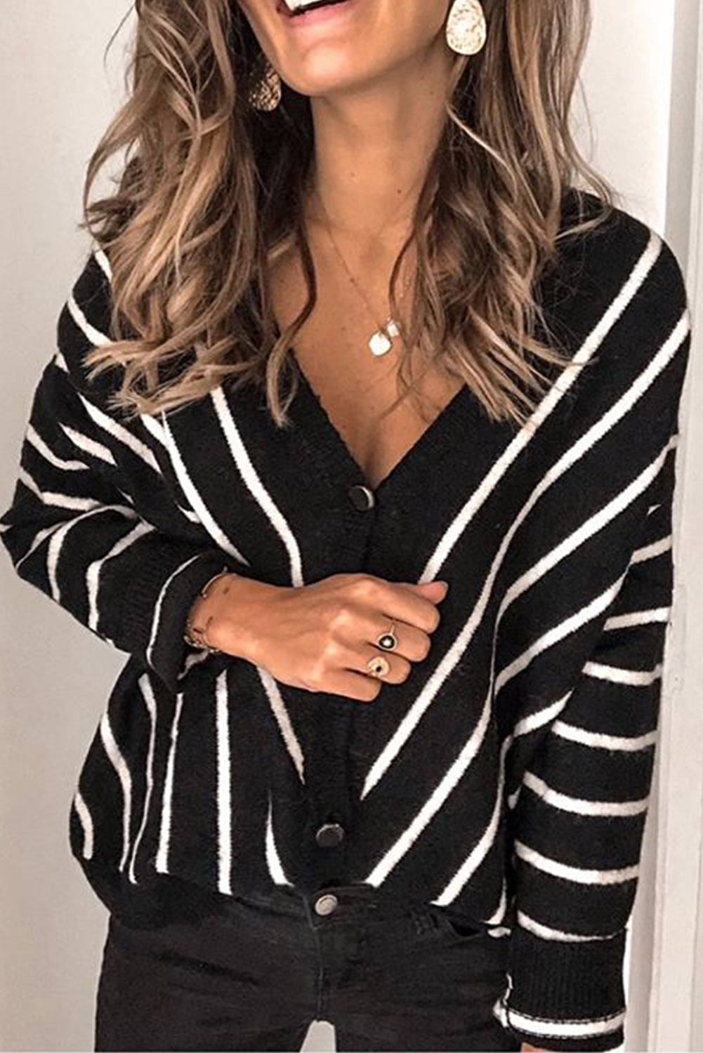 V Neck Stripe Long Sleeve Cardigan