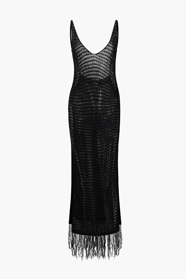 V-neck Tassel Hem Crochet Knit Cover Up Dress
