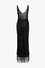 V-neck Tassel Hem Crochet Knit Cover Up Dress