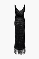 V-neck Tassel Hem Crochet Knit Cover Up Dress