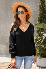 V Neck Twisted Back Cold Shoulder Sweater