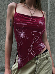 Velvet Print Asymmetric Slit Hem Cami Top