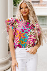 Vibrant Floral Print Trimmed Ruffle Sleeve Blouse