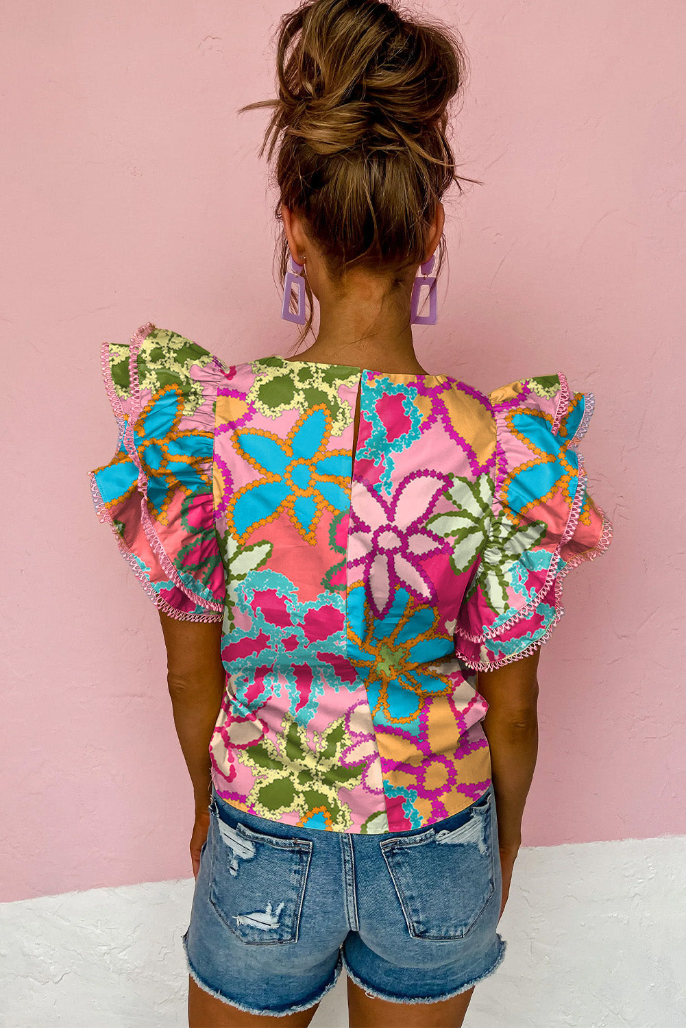 Vibrant Floral Print Trimmed Ruffle Sleeve Blouse