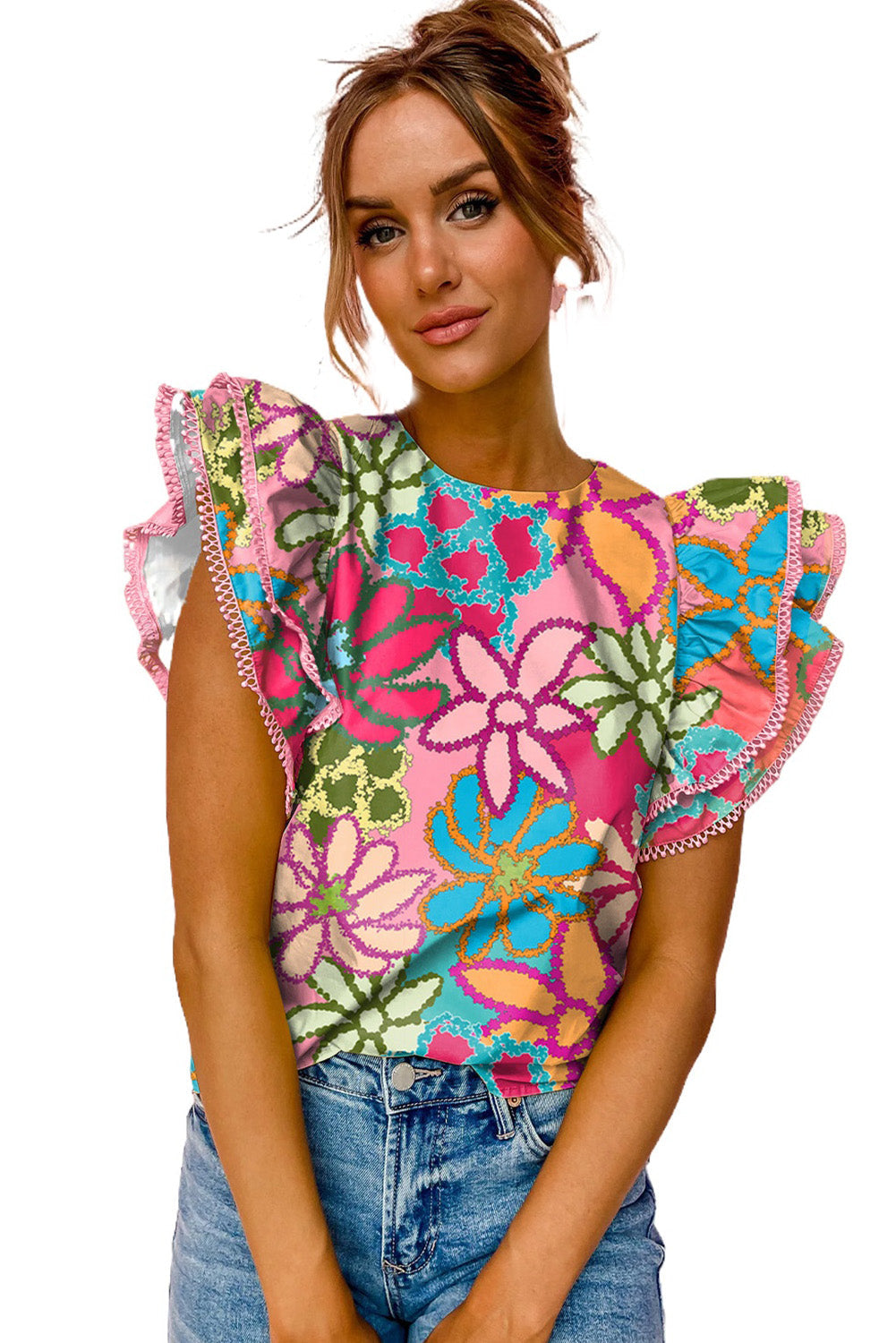 Vibrant Floral Print Trimmed Ruffle Sleeve Blouse