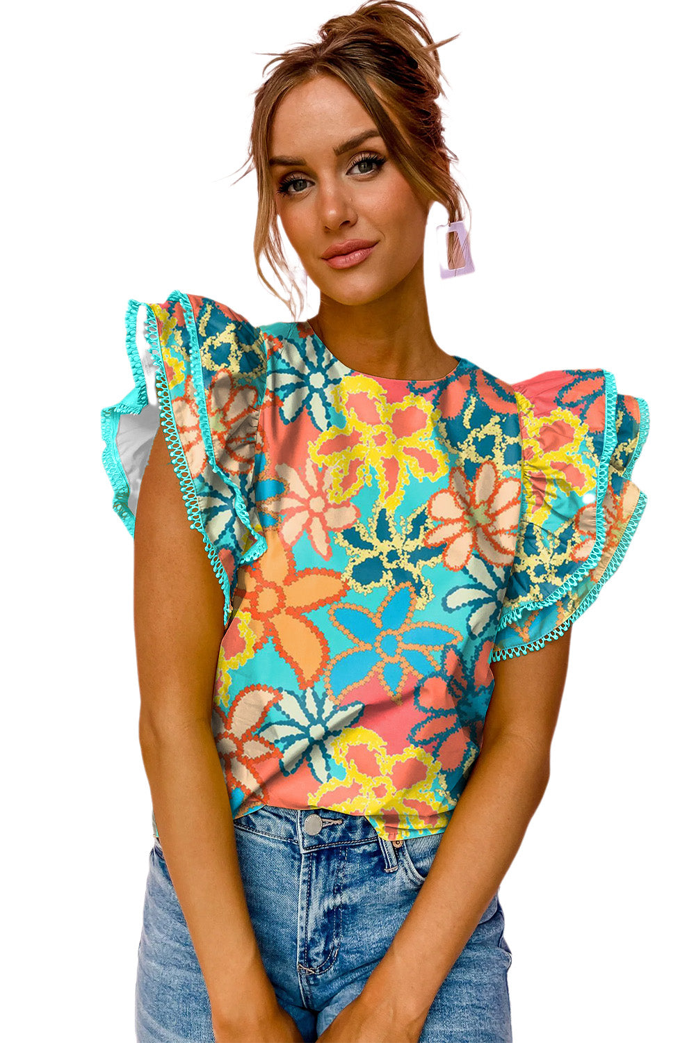 Vibrant Floral Print Trimmed Ruffle Sleeve Blouse