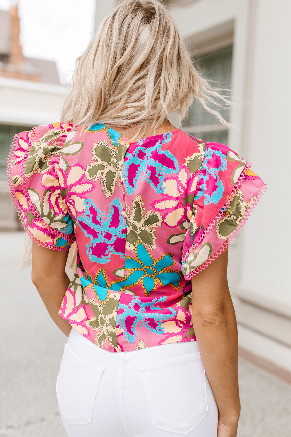 Vibrant Floral Print Trimmed Ruffle Sleeve Blouse