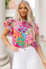 Vibrant Floral Print Trimmed Ruffle Sleeve Blouse