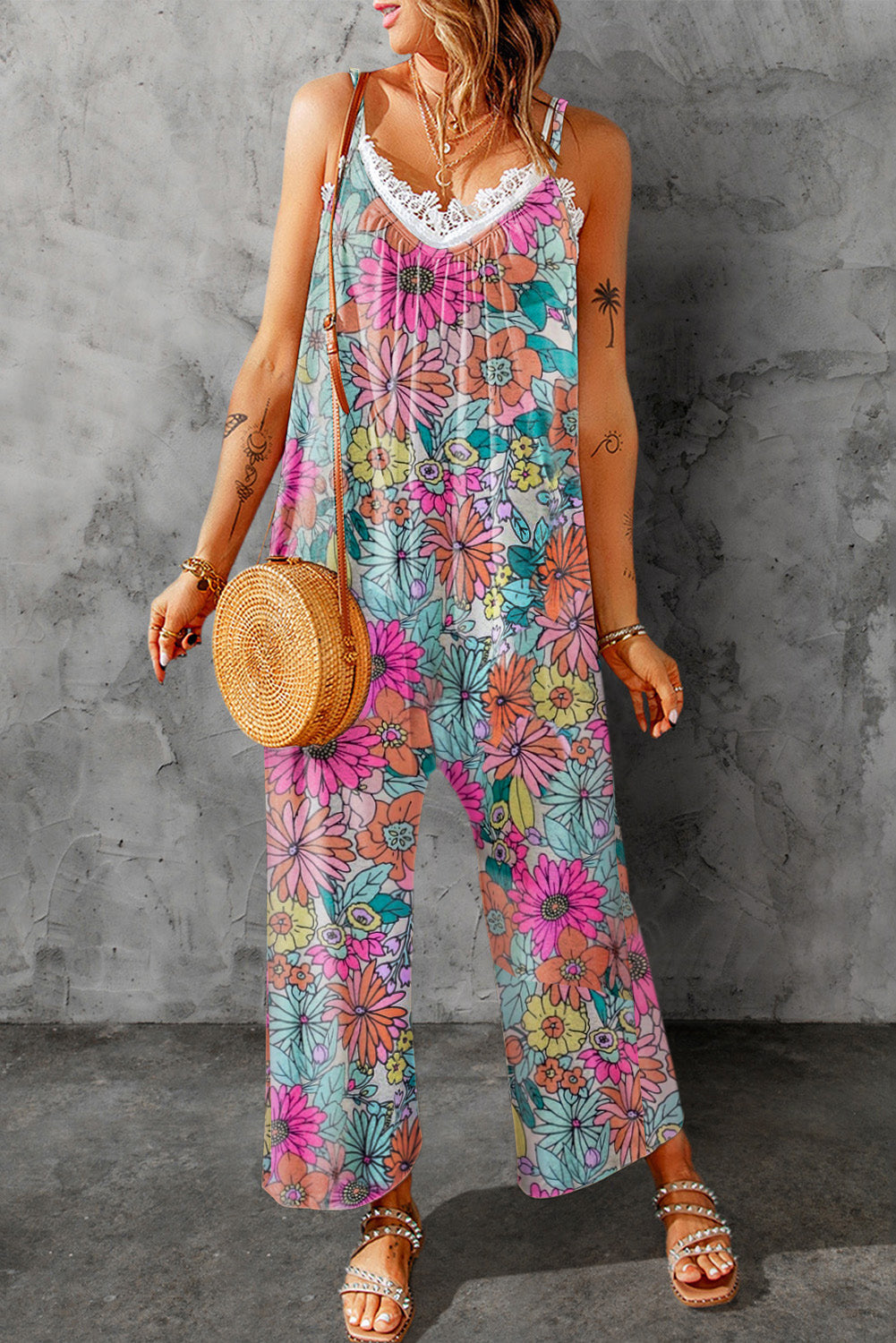 Vibrant Summer Floral Print Spaghetti Strap Jumpsuit