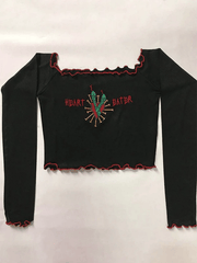 Vintage Embroidery Fungus Off Shoulder Long Sleeve Tee