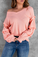 Waffle Ruffled V Neck Loose Knit Top