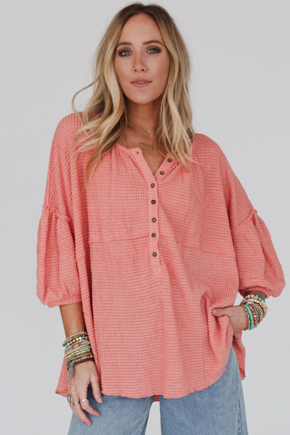 Waffled Bracelet Sleeve Oversized Henley Top