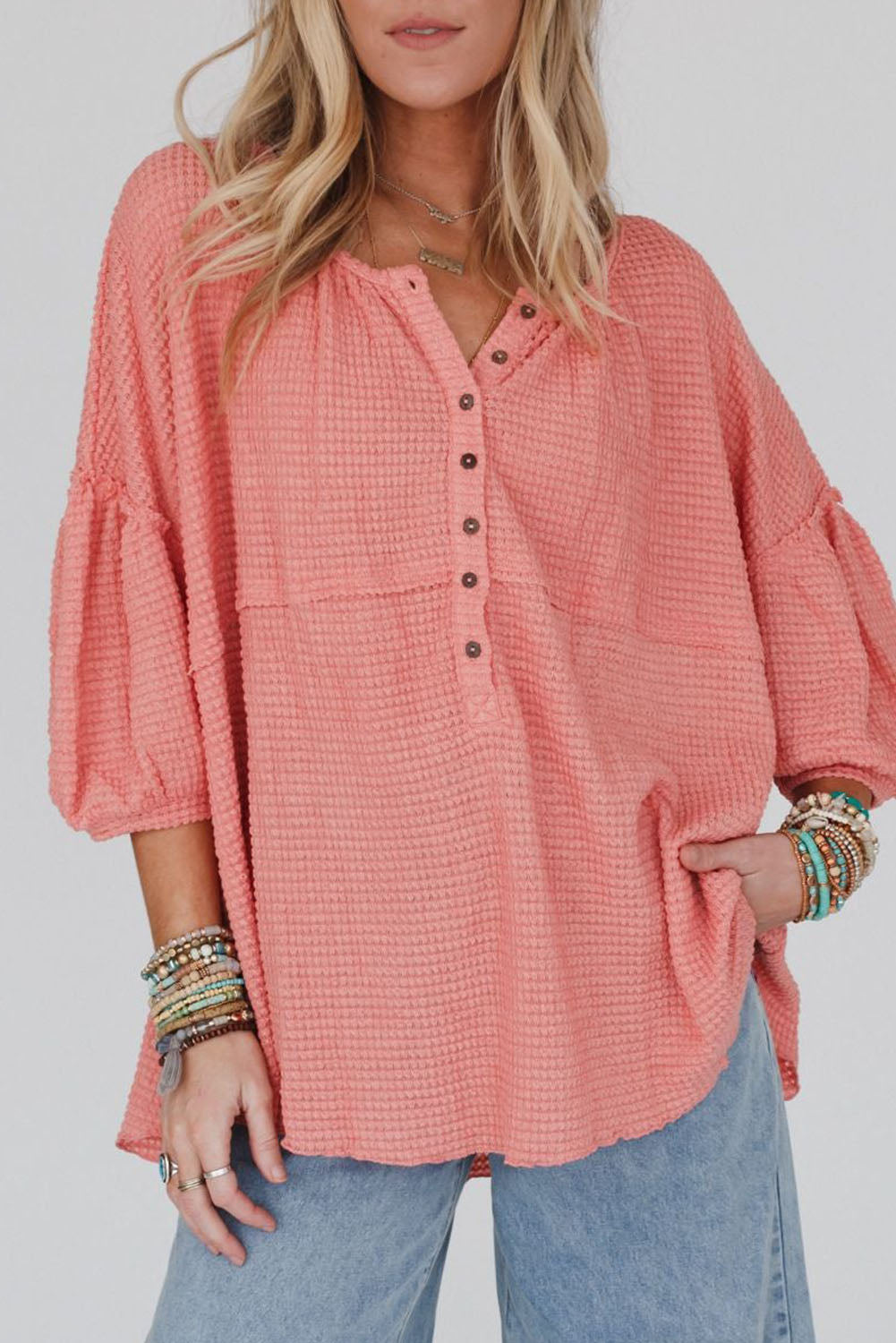 Waffled Bracelet Sleeve Oversized Henley Top