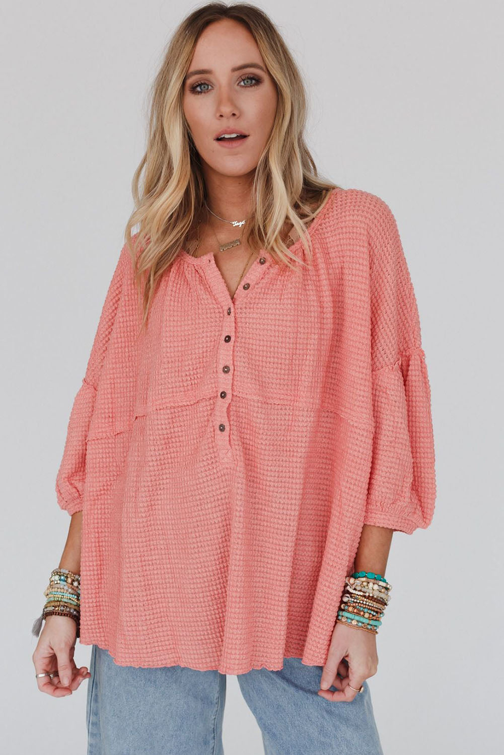 Waffled Bracelet Sleeve Oversized Henley Top