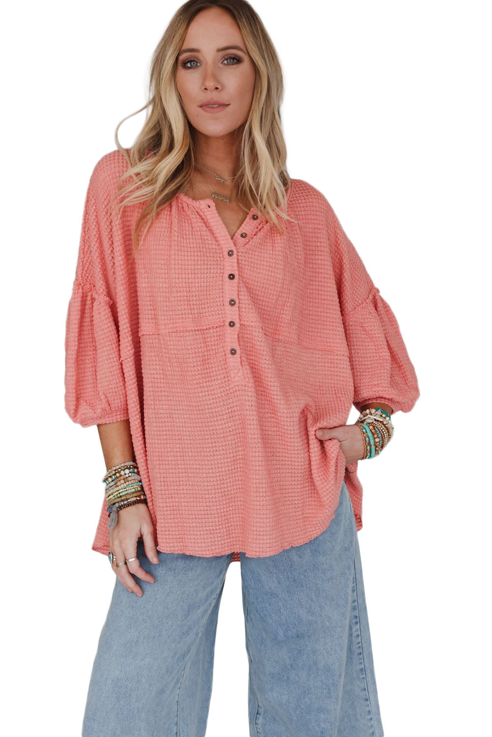 Waffled Bracelet Sleeve Oversized Henley Top