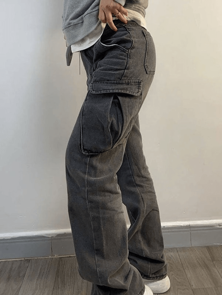 Washed Mid Waist Pocket Cargo Jeans