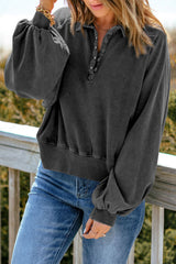 Washed Snap Buttons Lantern Sleeve Pullover Sweatshirt