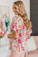 Watercolor Floral Square Neck Ruffle Sleeve Blouse