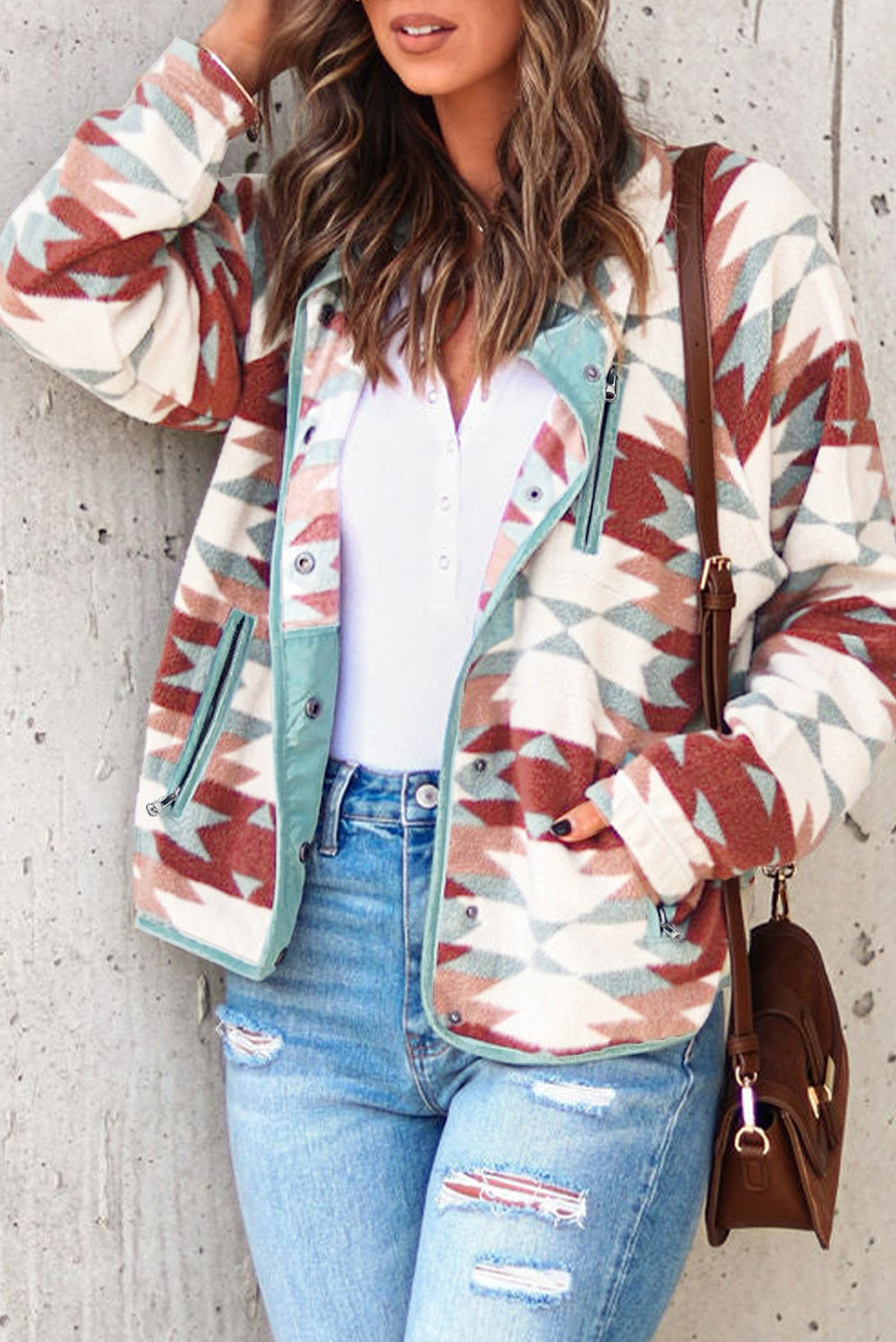 Western Aztec Buttoned Zipper Pockets Fleece Jacket
